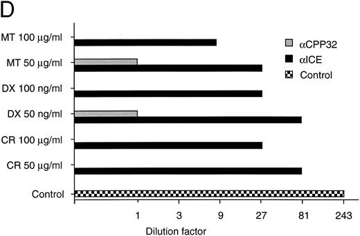 Fig. 3. Effects of CrmA and antisense cDNA constructs complementary to single ICE proteases on apoptosis. (A) Inhibition of apoptosis in MG63 cells by cDNA microinjection. Cells (8 × 105) were seeded in 60-mm tissue dishes. After overnight incubation, cell nuclei were microinjected with a CrmA expression plasmid or antisense constructs targeting ICH-1, ICE, or CPP32. Cell injections were performed with an automatic microinjection system equipped with glass micropipettes loaded with DNA and Texas red-labeled dextran. After 20 hours after microinjection, cells were treated with anti–APO-1, CR, DX, or MT as described in Fig 1 and incubated for a further 48 hours. Anti–APO-1 treatment was applied in the presence of 5 μg/mL cycloheximide, which was not toxic by itself. Cells were fixed with 2.5% glutaraldehyde and inspected microscopically. Microinjected cells were identified by red fluorescent staining. Cells were regarded as apoptotic when they showed membrane blebbing and/or a condensed cell nucleus. At least 180 cells were analyzed for each condition. The values represent the mean ± SD from three independent experiments. (B) Effect of cDNA expression after electroporation of CEM cells. Cells (2 × 108) were transfected the antisense constructs using an electroporator (975 μF, 230 V). After electroporation, cells were seeded at 1 × 106 cells/well in 6-well plates. Eight hours later, cells were treated with G-418 to deplete untransfected cells. Dead cells were removed after a further 36 hours by a washing step in a Ficoll-Paque gradient. The enriched population containing 65% to 88% of transfected cells was then treated with anti–APO-1 for 4 hours or with CR, DX, or MT at the concentrations indicated in Fig 1 for 20 hours. Apoptosis was measured by propidium iodide/Hoechst 33342 uptake using flow cytometry. Data are given as the mean percentage of cell death from four experiments with duplicate samples. / (C) Morphologic analysis of doxorubicin-induced apoptosis after microinjection of CrmA cDNA and antisense constructs complementary to ICE family members in SHEP cells. Cells were microinjected as described in (A) using 0.2% Texas red-dextran together with cDNA constructs encoding (a) empty pCDNA-3 vector, (b) pSV25S-CrmA, (c) antisense ICE, and (d) antisense CPP32. Eight hours after transfection, cells were treated with anti–APO-1, CR, DX, and MT and evaluated 30 hours later by two independent scientists. Microinjected cells were identified by red fluorescent staining (left panel) and are indicated by arrows (right panel). The scale bar represents 20 μm. Quantitative values of specific inhibition after scoring of about 300 cells were 58% for CrmA, 62% for pCDNA-3-a300h.ICE, 61% for pCDNA-3-a300h.CPP32, and 64% for the mixture of ICE and CPP32 antisense constructs microinjected together. / (D) Long-term protection from drug-induced apoptosis by antisense constructs. CEM cells were transfected with empty vector, antisense ICE, or CPP32 constructs and selected in G418-containing medium for 36 hours. Cells were then treated with the indicated cytotoxic drugs. After 30 hours, cells were harvested and limiting dilutions (1:3) were performed, starting from 3 × 104 cells per well. Cell viability was assayed by trypan blue exclusion after 14 days. The highest dilutions still containing living cells are indicated. Samples of cells transfected with control vector did not contain living cells after 14 days of drug treatment; therefore, the vector alone bar is not included. Control indicates the clonogenicity of vector-transfected cells without drug treatment. The data represent experiments with quadruplicated samples. Standard deviations were in the range of one dilution step.