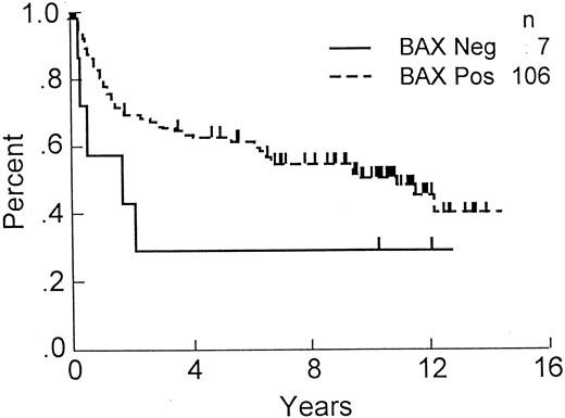 Fig. 1. OS of DLCL patients with Bax-immunonegative and -immunopositive tumors. OS, comparing patients whose tumors contained less than 1% Bax-immunostained malignant cells (n = 7) with those that were Bax-immunopositive (n = 106; P = .06).