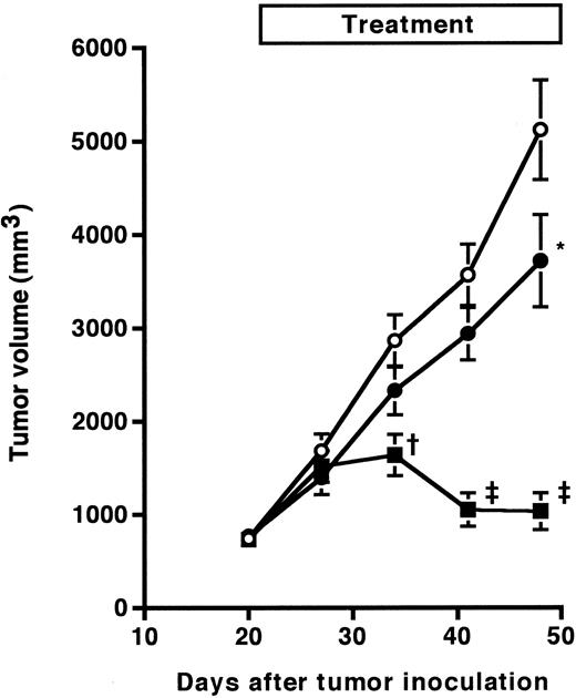 Fig. 3. Antitumor effect of anti-HM1.24 MoAb on advanced RPMI 8226 tumors in SCID mice. Mice were injected subcutaneously with RPMI 8226 cells at day 0. The anti-HM1.24 MoAb treatment (100 μg/dose) was started 22 days after tumor inoculation for 50 days either once (•, n = 5) or twice (▪, n = 9) a week. Control IgG was used for negative controls (○, n = 9). Data represent the mean ± standard error of mean (SEM). *P < .05, †P < .005, ‡P < .0001, compared with the control IgG-treated group.