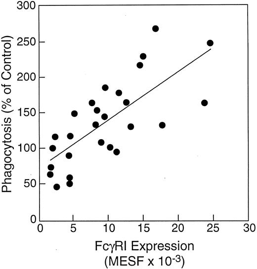 Fig. 5. Correlation of FcγRI expression by neutrophils with phagocytosis by neutrophils of S aureus opsonized with complement-depleted pooled human serum. FcγRI expression by neutrophils from study subjects was determined by direct immunostaining before and after in vivo rhIFN-γ administration (0.05 mg/m2 SC daily for 2 days). Correlation of FcγRI expression by neutrophils with their ability to perform phagocytosis of HI-PHS–opsonized S aureus BioParticles was determined by regression analysis. FcγRI expression by neutrophils correlated directly with ability to ingest HI-PHS–opsonized S aureus (r = .8, P < .05).