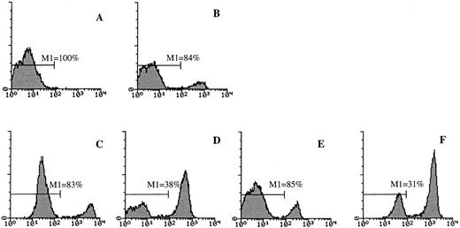 Fig. 8. The effect of TGF-β1 on Jo2-induced apoptosis of murine thymocytes. 1 × 106 freshly isolated thymocytes (A) were cultured for 9 hours in RPMI-1640 supplemented with 10% FCS (B) or in medium supplemented with 30 μg/mL cycloheximide in the absence or presence of 2 μg/mL Jo2 (C and D, respectively) or in cycloheximide-containing medium supplemented with TGF-β1 in the absence and presence of Jo2 (E and F, respectively). Cultures were analyzed for apoptotic cells as described in Materials and Methods. An irrelevant hamster IgG control antibody (2 μg/mL) did not affect apoptosis (data not shown). The Y-axis represents relative cell number and the X-axis represents relative fluorescence index. M1 represents percentage of viable cells. One representative experiment (of three) is shown.