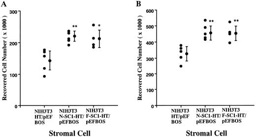 Fig. 9. Augmentation of pre-B cell growth by SC1/ECM2 overexpressed on the surface of stromal cells. An N-SC1-HPC4-TF/pEFBOS plasmid or an F-SC1-HPC4-TF/pEFBOS plasmid was stably transfected into NIH3T3 cells. (A) BM cells (2 × 104) or (B) a pre-B cell line, DW34 (1 × 103), were cocultured in the presence of 1 ng/mL IL-7. Each dot represents means of recovered nonadherent cells from cocultures with each transfected clone. Statistically significant differences from control (cocultures with NIH3T3 transfected with HPC4-TF/pEFBOS plasmid) values are indicated by one (P < .05) or two (P < .01) asterisks. Similar results were observed in four independent experiments.