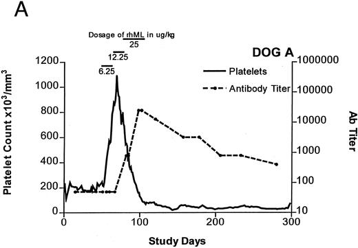 Fig. 1. Platelet counts and anti-rhML antibody titers for dogs repeatedly administered daily rhML. The schedule for dosing is shown at the top of the panel. Dog B was also administered recombinant human IL-6 for the days shown. Antibody (Ab) titers are expressed as the lowest titer of serum having an inhibitory concentration more than the IC50 for a standard antibody.