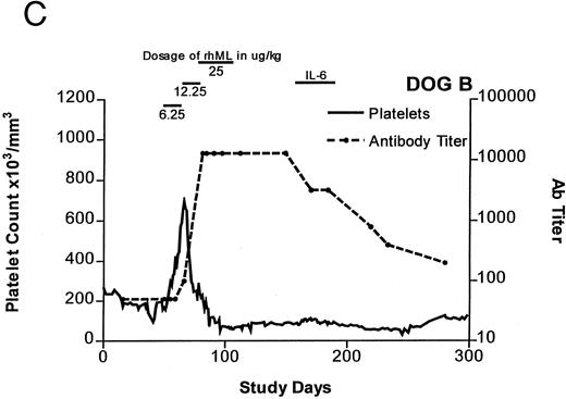 Fig. 1. Platelet counts and anti-rhML antibody titers for dogs repeatedly administered daily rhML. The schedule for dosing is shown at the top of the panel. Dog B was also administered recombinant human IL-6 for the days shown. Antibody (Ab) titers are expressed as the lowest titer of serum having an inhibitory concentration more than the IC50 for a standard antibody.