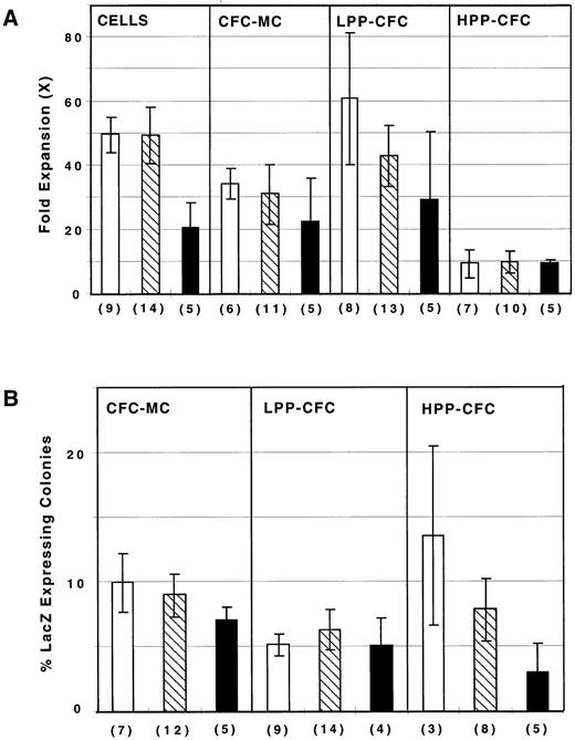 Fig. 2. Effects of cytokine combinations on ex vivo expansion and gene transduction. (A) Fold expansions in cellularity, CFC in methylcellulose cultures (CFC-MC), LPP-CFC, and HPP-CFC induced under various cytokine combinations are illustrated. (B) The percentages of transduced nls-LacZ gene expressing colonies are summarized. (□) C1: IL-3 + IL-6 + GM-CSF + KL; (▧) C2: IL-3 + IL-6 + GM-CSF + KL + FL; (▪) C3: IL-6 + KL + FL. Numbers of fetal liver samples analyzed are shown in parentheses.