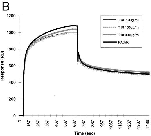 Fig. 7. Inhibition of fetal calf muscle nicotinic receptor binding to HIV-1 gp120 by the B2 synthetic peptide. (A) Increasing amounts (10, 100, and 300 μg/mL) of the synthetic peptide B2 were mixed with the diluted detergent-solubilized receptor (0.5 nmol of 125I-α–bgt bound/L). Aliquots of each mixture were injected at a flow rate of 5 μL/min in a flow cell where gp120 had been previously covalently immobilized. Regeneration of the matrix was obtained by injection of 10 mmol/L NaOH at the end of each cycle. (B) Identical concentrations of a peptide (T18) of the same lenght, but with a random sequence, were injected in identical experimental conditions.