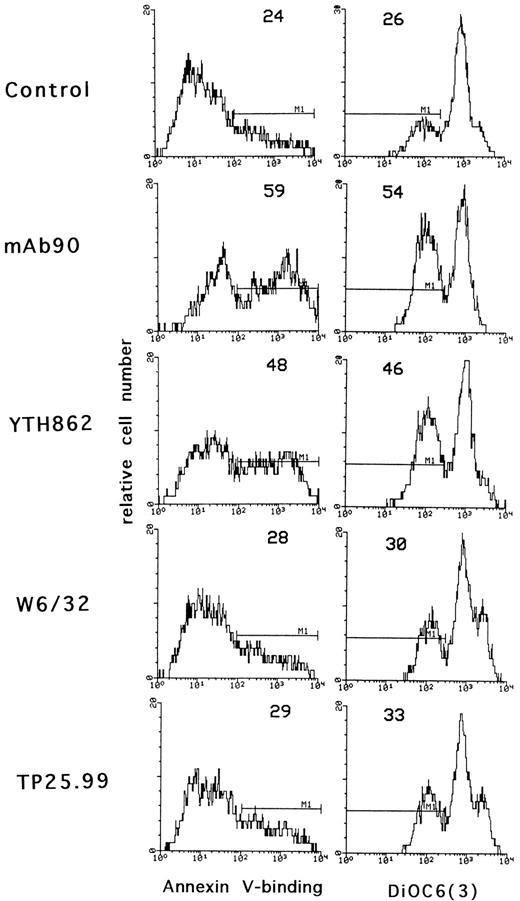 Fig. 3. Effect of anti–HLA class I MoAbs on phosphatidylserine externalization and mitochondrial transmembrane potential. Three-day PHA-activated PBL were treated with control IgG1, MoAb90, YTH862, W6/32, or TP25.99 at 10 μg/mL for 24 hours. Externalization of phosphatidylserine was shown by annexin V-binding and Δψm was evaluated after staining with DiOC6(3) as described in Materials and Methods. The percentage of cells that bind annexin V and that of cells with decreased mitochondrial transmembrane potential is indicated for each hictogram. In these conditions, the percentage of apoptotic cells was not modified in resting PBL.