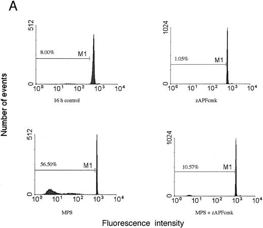 Fig. 1. Induction of apoptosis in a representative CLL patient isolate. (A) Cells were incubated in the absence or presence of 10 μmol/L methylprednisolone with or without 25 μmol/L zAPFcmk for 48 hours, and apoptosis was quantified by PI staining and FACS analysis. Representative results are presented from one patient (not included in Table 1). (B) Glucocorticoid treatment induces exposure of phosphatidylserine. Cells were incubated in the absence or presence of 10 μmol/L methylprednisolone with or without 25 μmol/L zAPFcmk, and PS exposure was measured by binding of annexin V as described in Materials and Methods. Representative results from two experiments (patients 24 and 25 from Table 1).