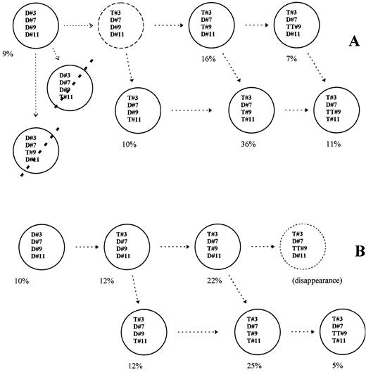Fig. 2. Results from patient no. 11. Various plasmacytic subclones coexist, at diagnosis (A) and 1 year later. (B) Closed circles correspond to subclones that could be shown within BM after dual interphase FISH; dotted lines striping subclones mean that the corresponding subclones could not be shown. Open circles are either hypothesis or a clone that disappeared at follow-up. Percentages are the estimated amounts of each subclone. A hypothetic link between the various subclones is indicated with the open arrows. D or T followed by one number means Disomy or Trisomy for the corresponding chromosome (#).