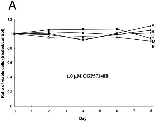 Fig. 4. Leukemia cell lines exposed to tyrosine kinase inhibitors. (A) BCR-ABL–negative cell lines exposed to 1.0 μmol/L CGP57148B (A, HL60; B, U937; C, KG1; D, RPMI 8226; E, Jurkat). (B) BCR-ABL–positive cell lines exposed to 1.0 μmol/L CGP57148B (A, KCL22; B, SD1; C, KU812; D, LAMA84; E, KYO1; F, TOM1; G, K562; H, BV173; I, EM3; J, AR230). (C) HL60 (A), U937 (B), Jurkat (C), KG1 (D), SD1 (E), RPMI 8226 (F), and KCL22 (G) exposed to 10 μmol/L CGP57148B. (D) Exposure to 10 μmol/L AG490 and 10 μmol/L AG879.