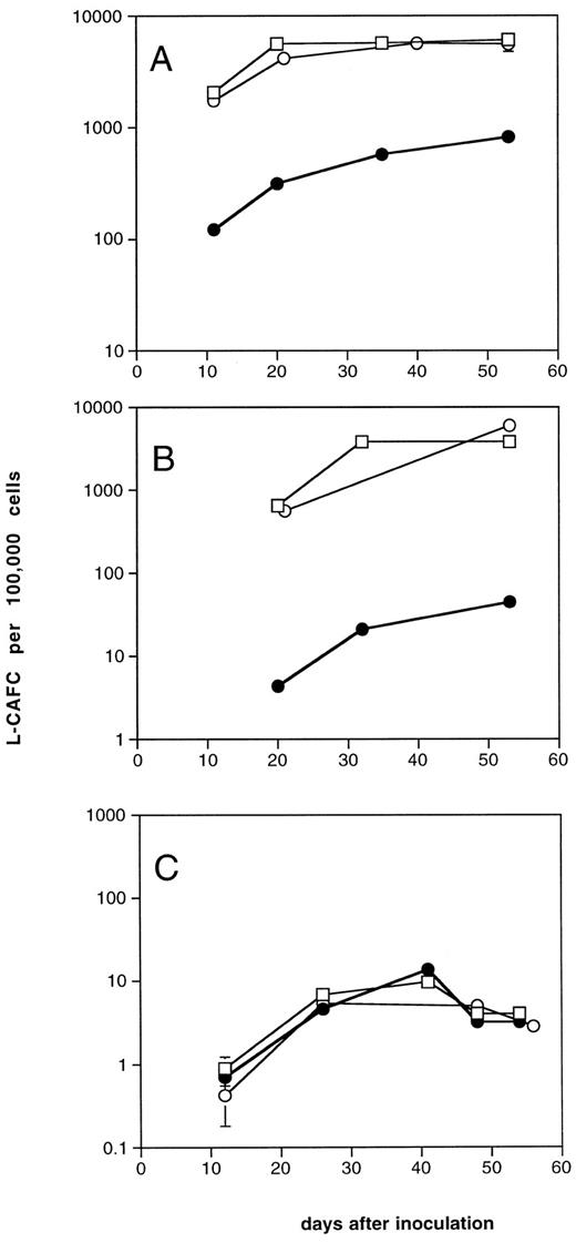 Fig. 4. L-CAFC frequencies (mean ± SEM) of DT-GM-CSF exposed (l), GM-CSF exposed (m), and control AML cell populations (p). Frequencies are based on the number of input cells.