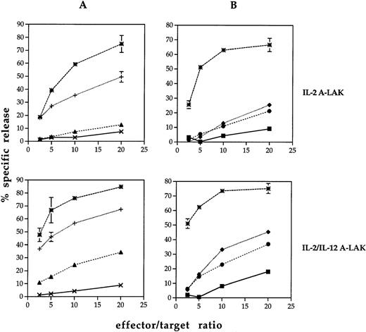 Fig. 1. A-LAK cytotoxicity toward BW variants transfected with B7-1 or B7-2. AKR-derived LAK cells were generated in the presence of IL-2 alone or in combination with IL-12 and the cytolytic activity of the respective adherent fractions was tested against BW T-lymphoma variants and the NK-sensitive tumor YAC-1. The results are represented as the mean cytolysis of the respective targets as percent specific release (±SD). (A) Sensitivity of BW-LiDhigh (×), BW-LiDhigh (B7-1) (+), BW-LiDhigh (B7-2) (▴), and YAC-1 (*) to IL-2 versus IL-2/IL-12 A-LAK effector cells. (B) Sensitivity of BW-Li (▪), BW-Li(B7-1) (⧫), BW-Li(B7-2) (•), and YAC-1 (*) to IL-2 versus IL-2/IL-12 A-LAK effector cells. Spontaneous release in all assays was less than 15%. Both experiments were performed in triplicate and repeated at least five times, giving similar results from which one is shown. Standard deviations less than ±3% are not shown for the sake of clarity.