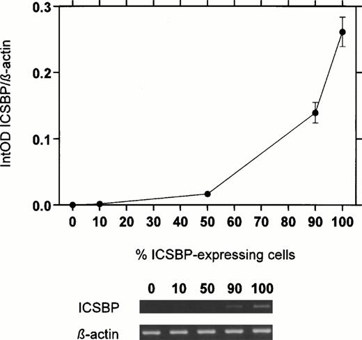 Fig. 1. ICSBP-transcript numbers in a dilution series of mononuclear cells from a normal healthy volunteer with cells fromICSBP-nonexpressing cell line K-562. ICSBP-mRNA levels were detected by a semi-quantitative RT-PCR assay. Five different dilutions were done and the percentages of normal cells (ICSBP-expressing cells) were shown (0%, 10%, 50%, 90%, and 100%). The mean of three experiments is displayed (±SEM).