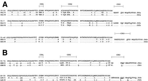 Fig. 1. Deduced amino acid sequences of VH-Cγ and VH-Cμ transcripts from patients' tumor cells synthesizing both IgG and IgM isotypes. (A) Cases with both IgM and IgG serum parapoteins. (B) Cases with IgG serum paraproteins only. Comparisons are made with the closest germ line VH genes. Upper case, replacement mutations; lower case, silent mutations. Replacement mutations in JH are underlined.