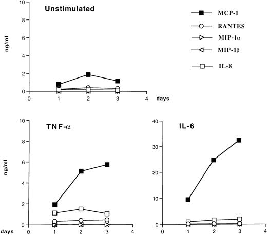 Fig. 5. Patterns of chemokine secretion by HIV-infected U1 cells in unstimulated conditions and in response to TNF-α and IL-6. U1 cells were cultured with medium alone, TNF-α (0.02 nmol/L), or IL-6 (0.24 nmol/L) for 72 hours; supernatants were harvested daily and stored at −80°C until tested. The data shown are from one representative experiment of four independently performed. Four CC chemokines (MCP-1, RANTES, MIP-1α, and MIP-1β) and one CXC chemokine (IL-8) were measured in the supernatants of unstimulated and stimulated cultures. Low (MCP-1, RANTES, and IL-8) to undetectable (MIP-1α and MIP-1β) levels of chemokines were present in supernatants of unstimulated U1 cells. Both IL-6 and TNF-α upregulated MCP-1 secretion; a modest enhancement of IL-8 production was also noted in U1 cells stimulated with TNF-α and IL-6.