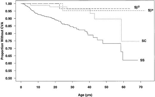 Fig. 1. Age at first CVA by genotype. (—) SS; (···) SC; (---) S-β+ thalassemia; (– –) S-β0thalassemia.