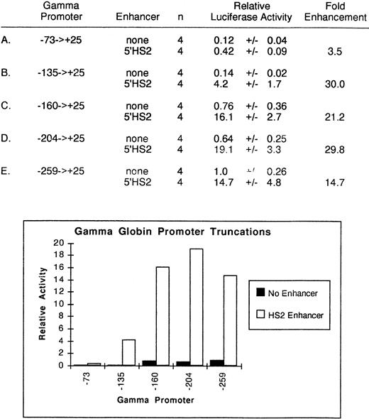 Fig. 2. Relative activity of truncated γ-globin promoter plus enhancer plasmids in uninduced K562 cells. Activities are calculated relative to the wild-type γ-globin promoter-luciferase plasmid without enhancer. The activity values are presented as the mean ± the standard error of the mean (SEM) and n denotes the number of assays performed.