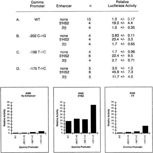 Fig. 6. Relative activity of γ-globin HPFH promoter plus enhancer plasmids in uninduced K562 cells. Activities are calculated relative to the wild-type γ-globin promoter-luciferase plasmid without enhancer. The activity values are presented as the mean ± SEM and n denotes the number of assays performed. A value of 1.0x represents 45,947 ± 7,860 light units per minute per mg protein per unit SEAP activity.