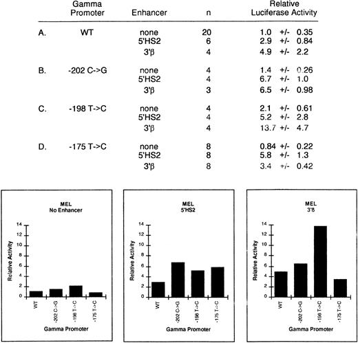 Fig. 7. Relative activity of γ-globin HPFH promoter plus enhancer plasmids in uninduced MEL cells. Activities are calculated relative to the wild-type γ-globin promoter-luciferase plasmid without enhancer. The activity values are presented as the mean ± SEM and n denotes the number of assays performed. A value of 1.0x represents 3,087 ± 1,089 light units per minute per milligram protein per unit SEAP activity.