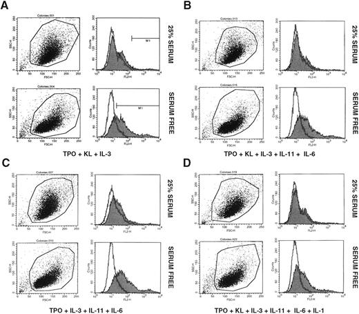 Fig. 1. Expression of glycoprotein IIb/IIIa by CD34+ MNC after 10 day exposure to TPO + KL + IL-3 (A); TPO + KL + IL-3 + IL-11 + IL-6 (B); TPO + IL-3 + IL-11 + IL-6 (C); and TPO + KL + IL-3 + IL-11 + IL-6 + IL-1α (D). Cells displayed in upper panels of A, B, C, and D were cultured in Iscove DMEM supplemented with 25% animal serum (12.5% BCS + 12.5% HS), whereas cells displayed in lower panels of A, B, C, and D were cultured in Iscove DMEM supplemented with 25% serum substitute. Representative data from three independent studies are shown.