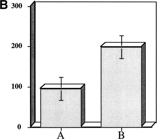 Fig. 3. Effect of short-term cytokine stimulation on expansion of murine CFU-Meg (Panel A) and CFU-GM (Panel B). Adherent cell-depleted murine marrow mononuclear cells were exposed to cytokines for 36 hours as detailed in the text. Panel A: (A) CFU-Meg colonies (mean ± SD) derived from cells (104) cultured immediately; (B) CFU-Meg colonies (mean ± SD) derived from cells (104) cultured serum-free for 36 hours in presence of (TPO + KL + IL-1α + IL-3); (C) CFU-Meg colonies (mean ± SD) derived from cells (104) cytokine stimulated before cryopreservation; (D) CFU-Meg colonies (mean ± SD) derived from cells (104) cytokine stimulated after thawing. Data are pooled from three independent experiments, each performed in quadruplicate. Panel B: (A) CFU-GM colonies (mean ± SD) derived from cells (104) cultured immediately; (B) CFU-GM colonies (mean ± SD) derived from cells (104) cultured serum-free for 36 hours in presence of (TPO + KL + IL-1α + IL-3). Data are pooled from three independent experiments, each performed in triplicate.