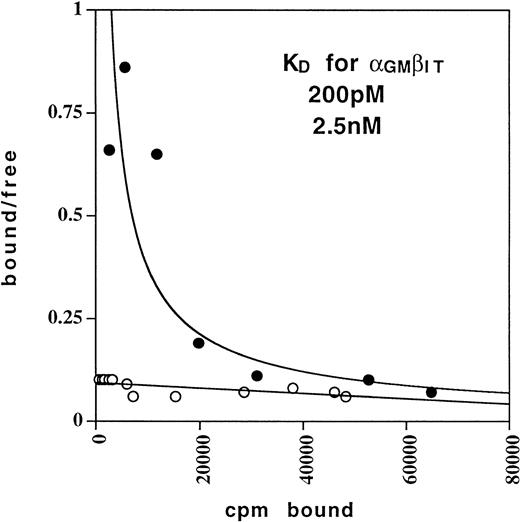 Fig. 5. Scatchard analysis of 125I-GM-CSF binding to COS-7 cells transiently transfected with either GMRα (○) or GMRα + βIT (•).
