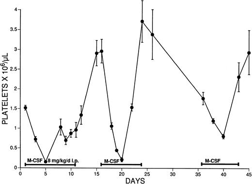 Fig. 2. The effect of multiple courses of M-CSF administration on the platelet counts of SW mice. M-CSF, 8 mg/kg/d, was administered to SW mice in two daily IP injections, 8 hours apart. Mice initially received M-CSF for 11 days, were rested for 4 days, and then received M-CSF on days 16 to 24 and 36 to 43. The mean platelet count ± 1 SE is shown, n = 3 to 4.