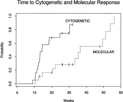 Fig. 1. Probability of complete cytogenetic response and molecular remission after CD4+ DLI in patients with relapsed early-phase CML. Nineteen patients with cytogenetic or stable-phase CML relapse were evaluable for response. Three nonresponders received second infusions of CD4+ donor lymphocytes and were censored at the time of second infusion.