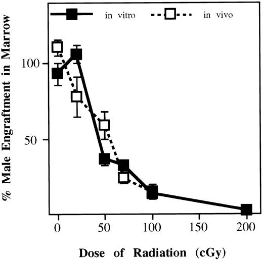Fig. 7. Effect of minimal irradiation on stem cells irradiated in vivo or in vitro. Male marrow cells from BALB/c male mice were exposed to irradiation (0, 20, 50, 70, 100, and 200 cGy) in vitro and 40 × 106 was immediately infused into female recipients irradiated with 100 cGy. In another experiment, BALB/c male mice in groups of 5 were exposed to irradiation (0, 20, 50, 70, and 100 cGy), marrow cells were harvested, and 40 × 106 male marrow cells were immediately infused into female recipients irradiated with 100 cGy (groups of 5). At 2 months, the percentage of male engraftment was determined. The results show that increasing doses of minimal irradiation have a profoundly toxic effect on stem cells irradiated in vitro or in vivo.