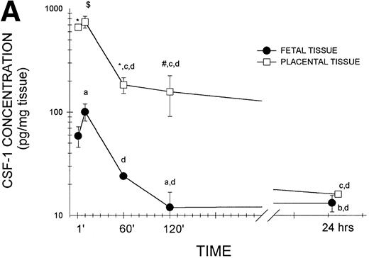 Fig. 1. Transplacental transfer of human recombinant CSF-1. Gestational day-17 pregnant mice were injected intravenously with human recombinant CSF-1 and killed at the indicated times postinjection, and human CSF-1 levels were measured by a specific RIA in (A) whole fetuses and placentas, with at least five of each measured at each time point in this one of several representative experiments, and (B) fetal sera pooled from individual litters at each time point and the corresponding maternal serum, with the data representing one of several experiments. Where indicated, placental tissue CSF-1 concentrations differed from those measured in fetal tissues at #P = .06, $P< .01, and *P < .001, respectively. Multiple comparisons over time showed differences, where indicated, ofaP < .025, bP < .005, andcP < .001, respectively, versus 1 minute anddP < .001 versus 10 minutes.