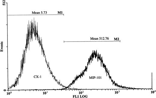 Fig. 6. Flow cytometry of MIP-101 and CX-1 human colorectal carcinoma cells. MIP-101 (2 × 103) or CX-1 (2 × 105 ) were treated with murine anti-Fas antibody and then stained with fluorescein-conjugated antimouse antibody as described in the Materials and Methods. MIP-101 (MIP-101) cells display greater fluorescence (mean channel, 512.76) than CX-1 (CX-1) cells (mean channel, 5.73), indicating greater expression of Fas antigen on the latter cell line.