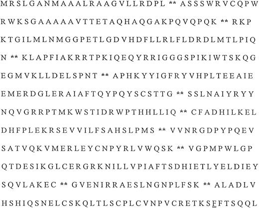 Fig. 1. Full-length sequence of human ferrochelatase. The full-length amino acid sequence of human ferrochelatase is shown with intron/exon boundaries specified by **. Phenylalanine at position 417 is denoted by the double underline.