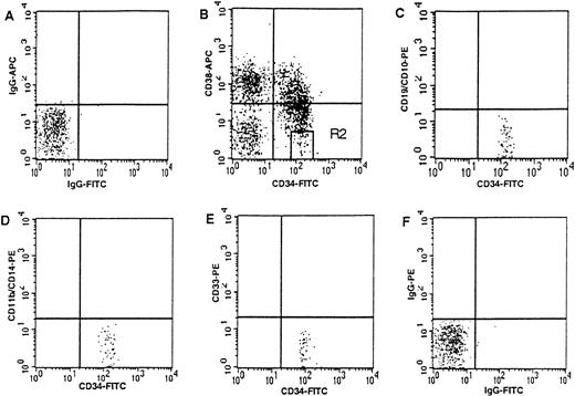Fig. 1. CD34+CD38− cord blood cells are immunophenotypically uncommitted to lymphoid or myeloid lineages. Three-color analysis of CD34+ enriched cord blood cells from region R1 (based on forward and side scatter (not shown9). (B) Region R2 defining CD34+CD38− cells (ie, high CD34 expression with CD38 expression less than half the maximal fluorescence of the isotype control). R2 comprises 3.53% ± 0.68% (mean ± SEM) of all CD34+ cells (defined by upper and lower right quadrants). (C, D, and E) The lack of expression of lineage-specific antigens on cells from R2. (A and F) Respective isotype controls.