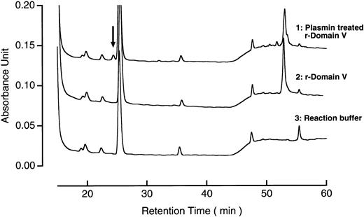 Fig. 3. Reversed-phase HPLC patterns of plasmin-treated r-Domain V. The digest of r-Domain V (1.4 μg) was subjected to reversed-phase HPLC, as described in Materials and Methods. Arrow indicates the peak corresponding to the C-terminal peptide of the digest.