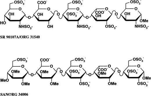 Fig. 1. Comparative structures of SR 90107/ORG 31540 and SANORG 34006. SR 90107/ORG 31540 is the α-methyl glycoside of the pentasaccharide which represents the unique sequence in heparin that binds to AT. SANORG 34006 belongs to the so-called “non-glycosaminoglycan” series of analogs of SR 90107/ORG 31540.