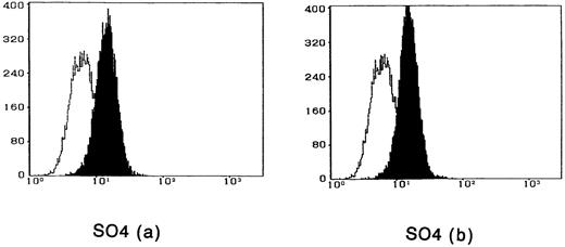 Fig. 2. Cytofluorometric analysis of the binding of IL-15 on ATL cell lines. After incubation of the cell lines with IL-15 in the absence (a) or presence (b) of 100-fold excess amount of IL-2, the cell-surface–bound IL-15 was detected by an anti–IL-15 MoAb (closed histogram). All cell lines had almost the equivalent amounts of the IL-15 binding sites, which were not inhibited by IL-2. Open hitograms indicate the cells incubated with a control MoAb.