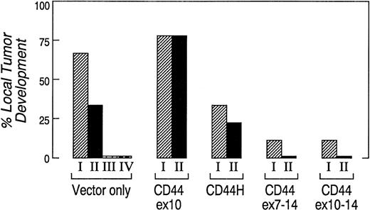 Fig. 4. CD44ex10 transfectants are more likely to form local tumors in nude mice. Two to four independently derived vector-only, CD44ex10, CD44H, CD44ex7-14, or CD44ex10-14 Namalwa transfectants were injected SQ into nude mice. Animals were subsequently followed for the development of local tumors. The data represent a summary of three identical experiments in which a cohort of three animals received one of the indicated independently derived Namalwa transfectants (vector-onlyI, II, II or IV, CD44ex10I or II, CD44HI or II, CD447-14I or II, or CD44ex10–14I or II). The incidence of local tumor development was significantly greater in animals that received CD44ex10 transfectants than in animals administered vector-only tranfectants (CD44ex10, 78% v vector-only, 38%, P = .01), whereas animals injected with either CD44ex7-14 or CD44ex10-14 transfectants had a significantly lower rate of local tumor development than that of animals administered vector-only transfectants (CD44ex7-14 6% or CD44ex10-14, 6% v vector-only, 38, P = .03). The incidence of local tumor development associated with a given CD44 isoform or vector-only was determined by averaging the rates of local tumor development of multiple independently derived clones: vector-only, four clones; CD44ex10, two clones; CD44ex7-14, two clones; CD44ex10-14, two clones; CD44H, two clones. P values were calculated using a 2 × 2 Fisher's exact test.