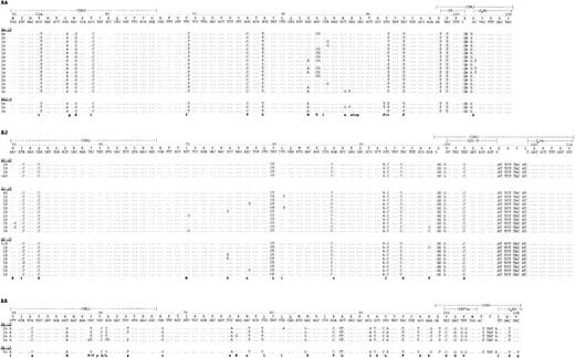 Fig. 1. Nucleotide sequence comparison of the tumor-derived sequences to the closest germline VH, D-segment and JH-gene shown from CDR2. The numbering indicated above each case refers to the codons counted from the beginning of VH. Sequence identity to germline is indicated by dots in each sequence, each mutation by the appropriate nucleotide. The bottom line in each instance indicates whether a mutation is silent (lowercase) or has led to a replacement amino acid (uppercase). N-additions between VH and D, as well as between D and JH, are shown in each sequence. Note the stopcodons in position 89 in BA.
