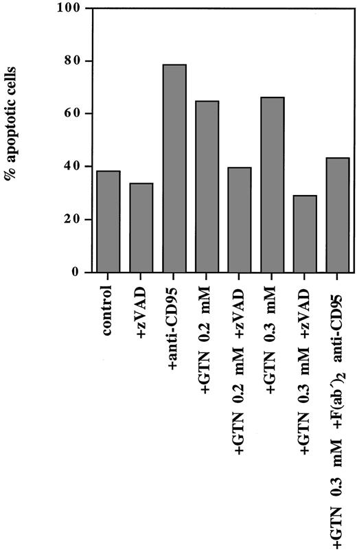 Fig. 3. NO-induced apoptosis in freshly isolated human leukemic cells requires caspase activity and involves the CD95 pathway. PBMC from a patient with T-ALL isolated by Lymphoprep separation were plated at a density of 5 × 105 cells/mL and incubated for 24 hours with anti-CD95 (10 μg/mL), or broad-spectrum caspase-specific inhibitor zVAD-fmk (zVAD; 20 μmol/L) or with F(ab′)2 anti-CD95 blocking antibody (1 μg/mL) and/or GTN at the concentrations indicated. Percentage of apoptotic cells was measured by the DNA-release assay.