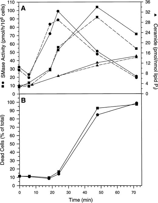 Fig. 9. Changes in Molt-4 cells after treatment with GW1843. (A) Changes in acidic pH, Mg2+-independent sphingomyelinase activity (ASMase), neutral pH, Mg2+-dependent sphingomyelinase activity (NSMase), and ceramide. Log-phase Molt-4 cells were treated for the indicated times with 8 nmol/L GW1843 alone (solid lines) or in combination with 50 μmol/L Ac-DEVD-CHO (dashed lines). Cell aliquots were assayed for ASMase activity (▪), NSMase activity (•), or ceramide levels (▴) as described in Materials and Methods. (B) Quantitation of dead cells (both blebbed and dead fractions). Log-phase Molt-4 cells were treated for the indicated times with 8 nmol/L GW1843 alone (▪) or in combination with 50 μmol/L Ac-DEVD-CHO (•). Cells aliquots assayed for the number of blebbed and dead cells after trypan blue staining as described in Materials and Methods. This data is from a representative experiment from three separate determinations.