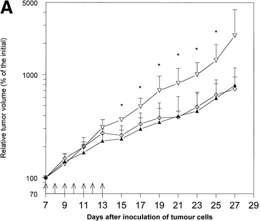 Fig. 1. The effects of treatment with IL-12 and/or Epo on MmB16 melanoma growth in B6D2F1 mice. Mice were inoculated with 1 × 106 melanoma cells into the footpad of the right hind limb and treated with the intratumoral injections (days 7 to 13, arrows) of IL-12 (0.1 μg/injection), Epo (20 U/injection; twice daily), or IL-12 in combination with Epo (the same doses). Tumor volume was determined as described previously.15 (A) A pilot study with four B6D2F1 mice per group. * P < .05: IL-12- and IL-12+ Epo–treated mice versus controls; ▴, IL-12 + Epo; ◊, IL-12; ▿, control. (B) Additional experiment with five to six B6D2F1 mice in each of the groups. * P < .05: IL-12- and IL-12+ Epo–treated mice versus controls and Epo-treated mice; ** P < .01: IL-12- and IL-12 + Epo–treated mice versus controls and Epo-treated mice (Student's t-test); ▴, IL-12 + Epo; ◊, IL-12; ▪, Epo; ▿, control.