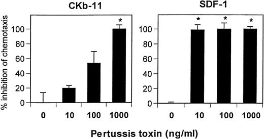 Fig. 8. Chemotactic activity of SDF-1 and CKβ-11/MIP-3β/ELC on thymocytes is sensitive to pertussis toxin. Low-density total thymocytes were preincubated with pertussis toxin at indicated concentrations for 1 hour and used for chemotaxis to SDF-1 (300 ng/mL) and CKβ-11/MIP-3β/ELC (500 ng/mL). Data are expressed as the mean percentage of inhibition (±differences of duplicated experiments). Complete inhibition (100%) means that chemotaxis to chemokines is inhibited to background or lower than background levels, and no inhibition (0%) represents maximum chemotaxis to chemokines observed without pertussis toxin treatments. Partial inhibition is between 0% and 100%. *Significant inhibition (P < .05) from controls (no pertussis toxin treatment).