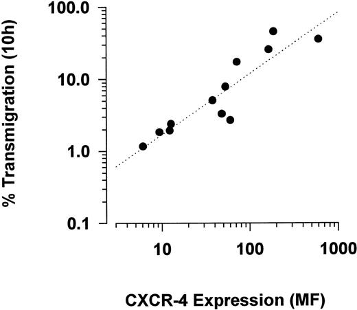 Fig. 5. Correlation of CXCR-4 expression and SDF-1–induced transendothelial migration of primary AML blasts. A positive correlation (r = 0.97) was found between the expression level (mean fluorescence intensity) of CXCR-4 and the percentage of AML blasts (AML no. 1 through AML no. 12) transmigrating in response to SDF-1 (addition of SDF-1–containing conditioned medium to the lower chamber of the transmigration system).