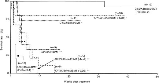 Fig. 2. Survival rate in 6 groups. Numbers in parentheses are numbers of mice in each group. Treatment of mice is shown in the figure. Statistical analyses were performed by a logrank test, and asterisks (**) represent the P values of treated (CY/2X/Bone/2BMT) versus other groups; **P < .01, *statistical insignificance.