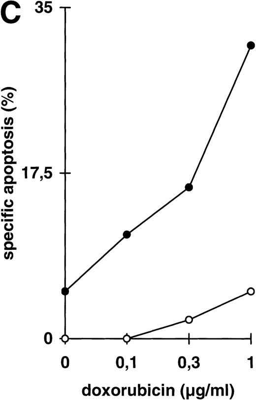 Fig. 4. Abrogation of apoptosis resistance in CEM-R cells by inhibition of NFκB activation. (A) CEM and CEM-R cells were stimulated with TRAIL (0.3 μg/mL) or PMA (50 ng/mL)/Ionomycin (2 μg/mL) (P/I) for 30 minutes and EMSA was performed. Similar results were obtained in two independent experiments. (B) CEM-R cells were stimulated with TRAIL at the concentrations indicated in the presence (•) or absence (○) of LLnL (1.5 μmol/L, 1 hour of preincubation). After 12 hours, apoptosis was measured by forward side scatter analysis and specific apoptosis was calculated. Data are the mean of duplicates with a standard deviation less than 10%. Similar results were obtained in three independent experiments. (C) CEM-R cells were incubated with doxorubicin in concentrations indicated in the presence (•) or absence (○) of LLnL (1.5 μmol/L, 1 hour of preincubation) for 48 hours. Apoptosis was measured as in (A). Data are the mean of duplicates with a standard deviation less than 10%. Similar results were obtained in three independent experiments. (D) CEM-R cells (5 × 107) were transfected as in (Fig 3D). Stimulation was performed using TRAIL (1 μg/mL), anti–APO-1 (0.01 μg/mL), or TNFα (0.3 μg/mL) and apoptosis was measured after 12 hours of incubation. Data are the mean of duplicates with a standard deviation less than 10%. Similar results were obtained in two independent experiments.
