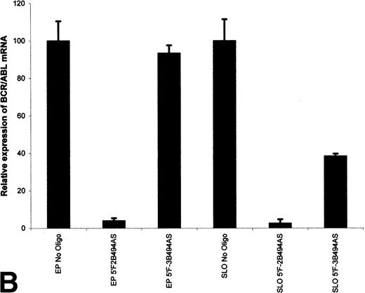 Fig. 5. (A) Effect of various ODN structures on BCR-ABLmRNA expression in KYO1 cells 4 hours after treatment with 20 μmol/L ODN. (B) BCR-ABL mRNA expression in electroporated (EP) and SL-O permeabilized cells. ODN nomenclature is as for Fig 1.
