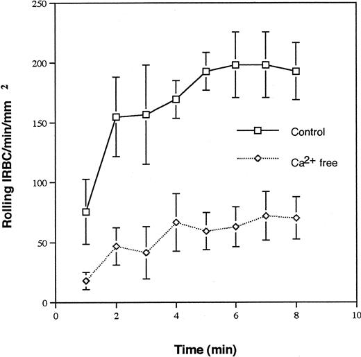 Fig. 2. Requirement of Ca2+ for IRBC rolling on immobilized soluble P-selectin. IRBC suspended in Ca2+free HBSS were infused over soluble P-selectin immobilized in the same buffer. Results represent the mean number of rolling cells ± SEM for 5 clinical P falciparum isolates studied.