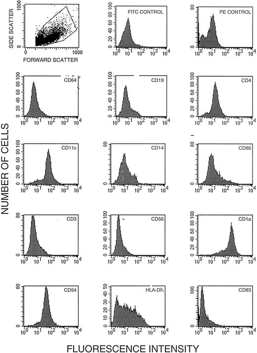 Fig. 2. Flow cytometric analysis of human dendritic cells cultured from CD14+ leukocytes. (A) Status of 12 markers on dendritic cells after incubation with GM-CSF and IL-4; these cells were subsequently used for gene transfer. Cells in the dot plot (upper row left) were gated for homogeneity of size (forward scatter) and shape (side scatter). (B) Status of HLA-DR, CD83, CD1a, CD54, CD11c, and CD86 after ex vivo maturation with TNF-α (shaded) shown together with the status before maturation.