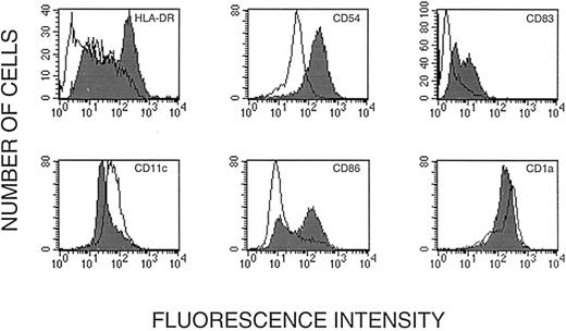 Fig. 2. Flow cytometric analysis of human dendritic cells cultured from CD14+ leukocytes. (A) Status of 12 markers on dendritic cells after incubation with GM-CSF and IL-4; these cells were subsequently used for gene transfer. Cells in the dot plot (upper row left) were gated for homogeneity of size (forward scatter) and shape (side scatter). (B) Status of HLA-DR, CD83, CD1a, CD54, CD11c, and CD86 after ex vivo maturation with TNF-α (shaded) shown together with the status before maturation.