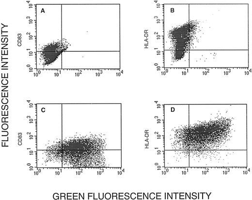 Fig. 4. Expression of CD83 (A and C) and HLA-DR (B and D) versus green fluorescence in uninfected cells (A and B) and cells infected with Ad5RSVGFP in the presence of liposomes (C and D). The vertical and horizontal lines distinguish CD83− and HLA-DR− cells (left of and below the line, respectively) from CD83+ and HLA-DR+ cells.